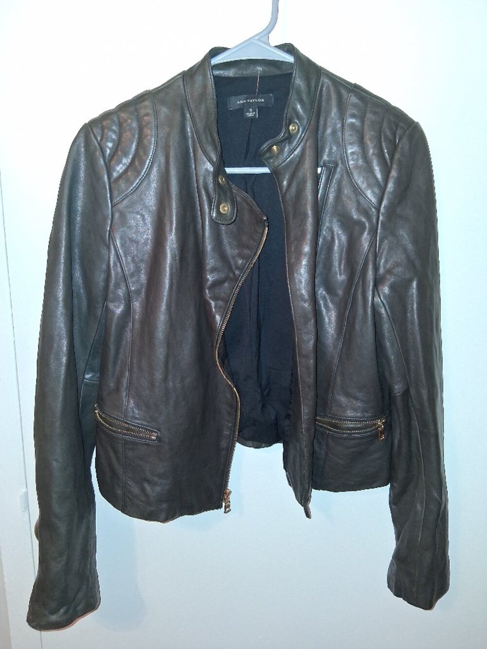 Ann Taylor Small Genuine Leather Moto Biker Jacket Gold Zip